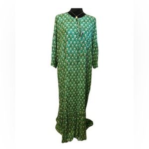 ZARA long print tiered green dress with round neck. Size XXL. High Low shape.